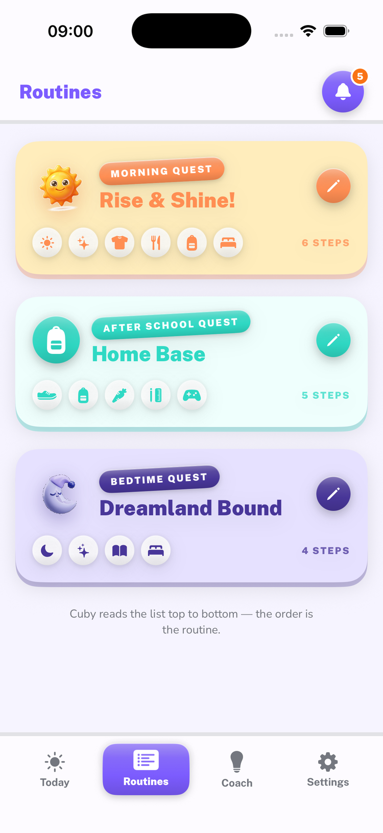 The Routines screen of the parent app, listing routines and their steps